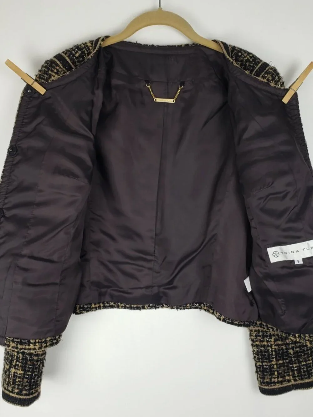 Trina Turk Black & Tan Tweed Boucle Blazer Classic Crew Neck Jacket Womens 8